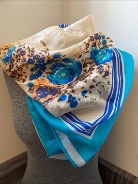 Vintage Floral Blue & Turquoise Square Silk Scarf